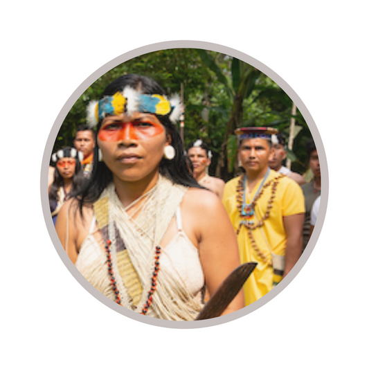 Woman with blue and yellow tribal headband stands in front of crowd