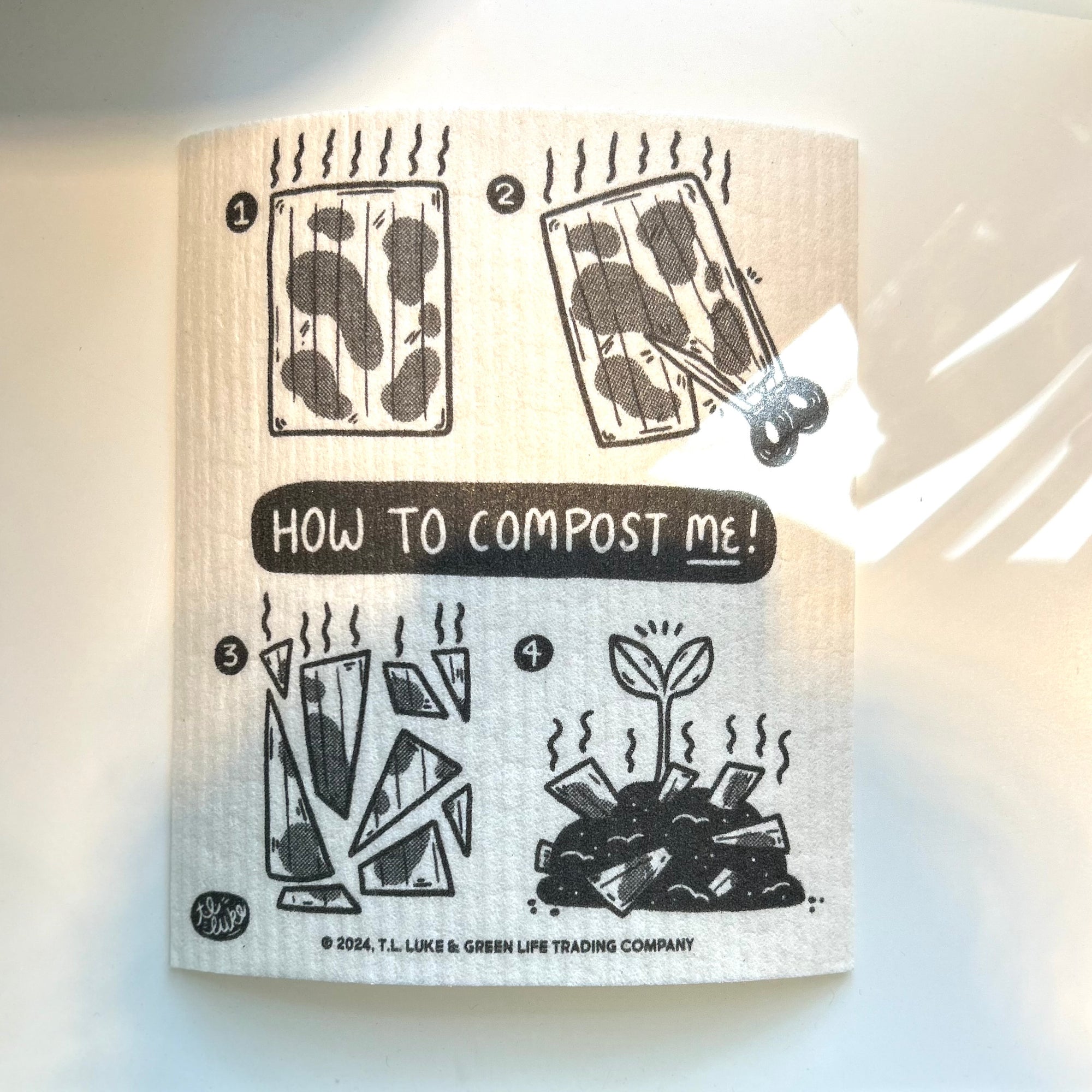 Potluck Press’s Swedish Dishcloth makes composting easy in four steps: place food scraps on the dishcloth, chop them, add to your compost pile, and watch seedlings grow from nutrient-rich compost.
