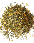 Loose, dried Happy Tummy Tea by Mountain Rose Herbs, featuring green and yellow herbal leaves and flower petals, arranged on a white background.