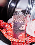 A glass bottle labeled Rustic Strength Liquid Laundry Detergent rests on red and pink clothes in an open washing machine, emphasizing its hypoallergenic and biodegradable ingredients.
