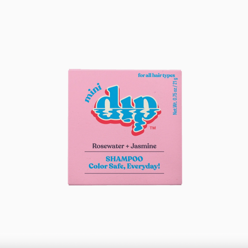 The Dip Shampoo Bar Mini by Dip comes in a pink box labeled “mini dip” and features a rosewater & jasmine scent. This travel-friendly bar suits all hair types, including color-treated hair. Color Safe, Everyday! Net wt 0.75 oz (21g).