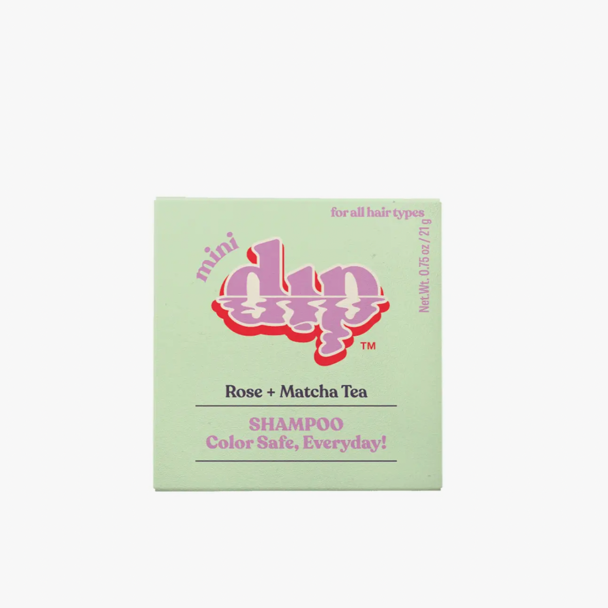 The Dip Shampoo Bar Mini by Dip comes in a pastel green box with pink and white text, featuring a travel-friendly Rose + Matcha Tea formula for all hair types, including color-treated. Box notes: Color Safe, Everyday! Size: 0.75 oz (21 g).