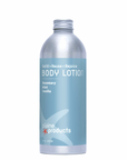 Plaine Products Body Lotion comes in a 16 oz silver aluminum bottle with a blue label reading Refill • Reuse • Rejoice BODY LOTION. It features aloe and is scented with rosemary, mint, and vanilla.