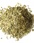 A pile of dried, chopped green Yerba Maté leaves from Mountain Rose Herbs on a white background, commonly used for making herbal tea.