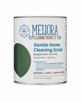 A 12 oz can of Meliora Gentle Home Cleaning Scrub on a plain white background. The can features a white label with blue text and a green leaf graphic.