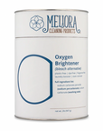 A white metal canister of Meliora Cleaning Products Oxygen Brightener, featuring blue and dark gray text and a blue circular graphic on a clean white background.
