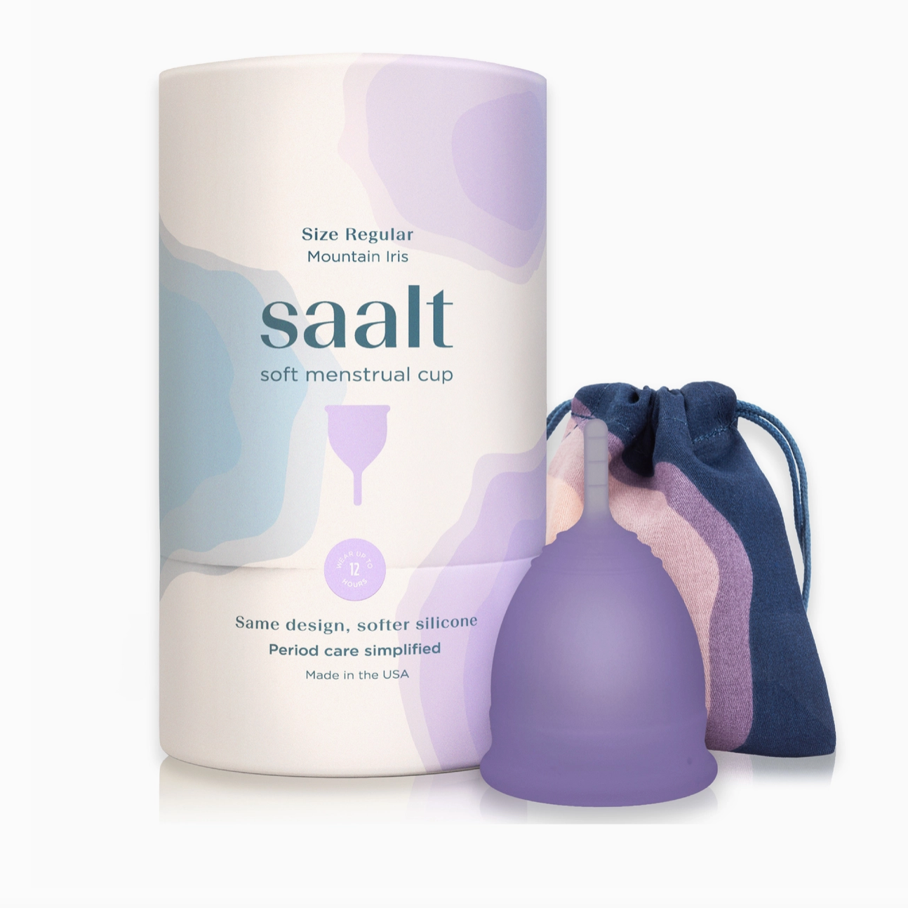 purple menstrual cup with blue and purple carrying bag on white background.