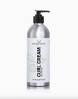 A Simple Planet Curl Cream, 16 fl oz (473 ml), in a silver pump bottle with a minimalist leaf design, is unscented and made with organic flaxseed for beautifully defined curls on a crisp white background.