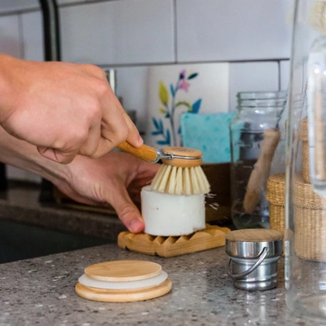 Someone uses a wooden-handled dish brush to lather Meliora’s Dishwashing Puck in the kitchen, with glass jars, a sponge, and cleaning supplies arranged on the countertop.