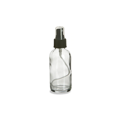 The Container Glass Misting Bottle features a clear glass body, black plastic pump, and transparent cap. Standing upright on a white background, it dispenses a fine mist with style and function for any glass bottle collection.