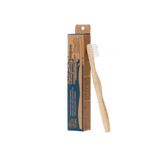 The Brush With Bamboo Bamboo Toothbrush for kids with soft white bristles is shown beside its brown cardboard box, which features blue and brown illustrations and text, highlighting its waste-reducing benefits.