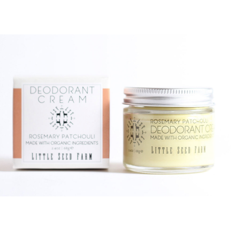 Little Seed Farm Deodorant Cream, handmade in Tennessee, features a minimalist black and copper design. This plastic-free deodorant comes in a metal-lidded jar with eco-friendly packaging.