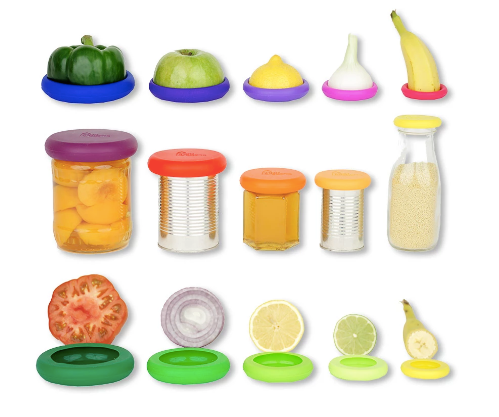 Food Huggers by Food Huggers are shown in various sizes and colors, sealing cut fruits, vegetables, jars, cans, and bottles to keep food fresh longer and help reduce waste.