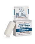 A box of Meliora All-Purpose Home Cleaner Tabs, unscented, shows a white ultra-concentrated cleaning tab in front. The packaging notes that the tabs are fragrance-free and dye-free.