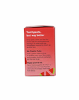 Huppy Kids Toothtabs come in a red box with white text, featuring eco-friendly, non-toxic nano-hydroxyapatite—an alternative to fluoride—and no plastic tube for a smarter brushing choice.