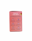 A pink Huppy Kids Toothtabs box with white text and icons highlights benefits: non-toxic, cruelty-free, vegan, recyclable. It features a toothpaste alternative using nano-hydroxyapatite as a fluoride substitute.
