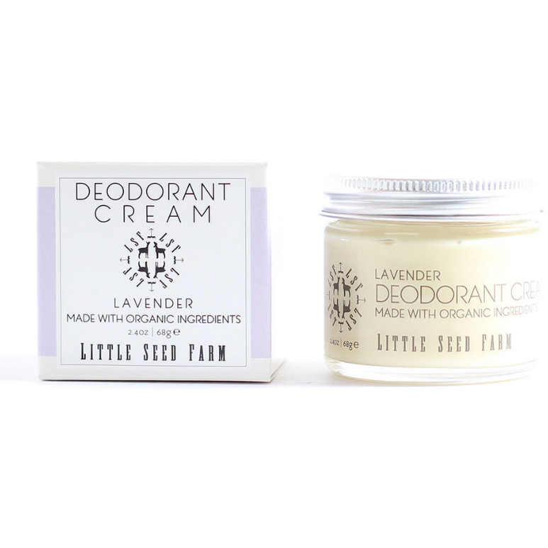 Little Seed Farm Deodorant Cream, an organic, handmade deodorant labeled plastic-free, is shown in a jar and box against a white background.