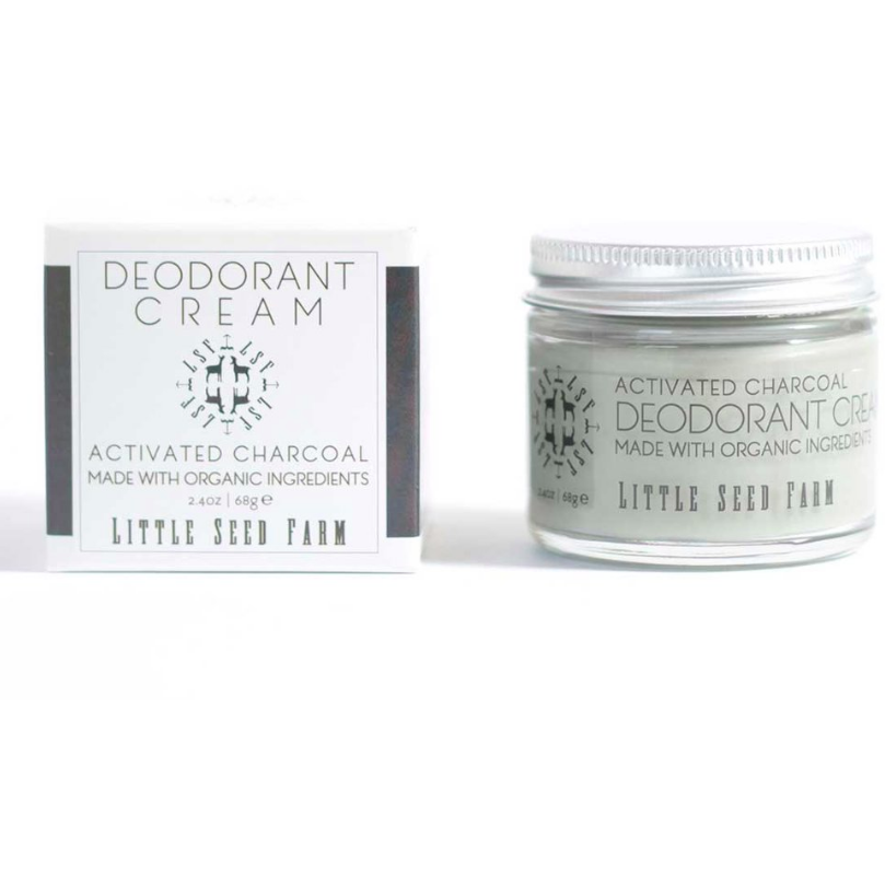 Little Seed Farm Deodorant Cream, handmade in Tennessee with organic ingredients, is a plastic-free deodorant. Shown are a jar and box of the product on a white background.