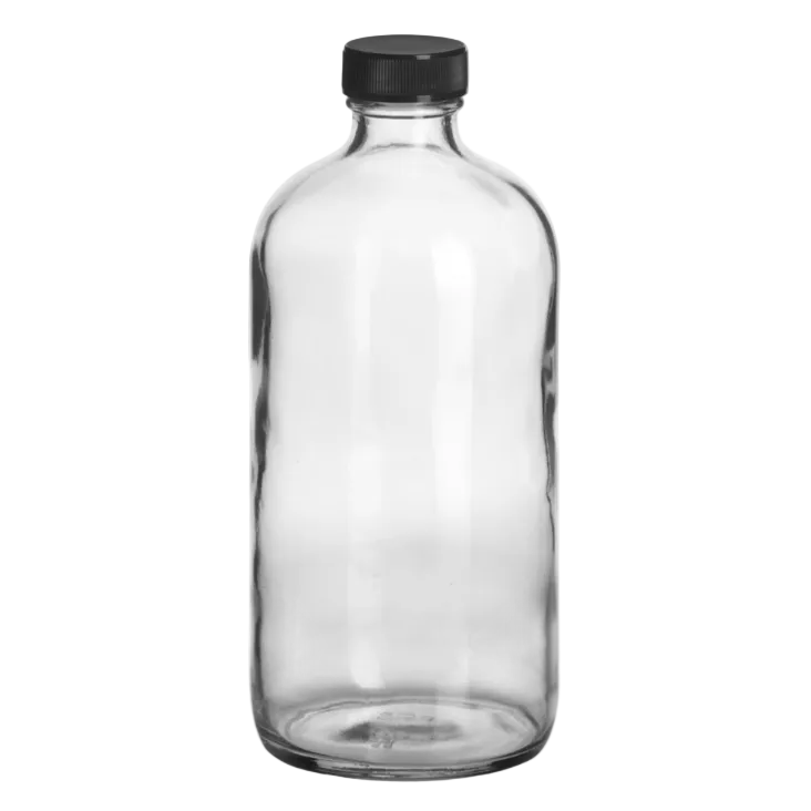 16 ounce bottle with black screw top on white background