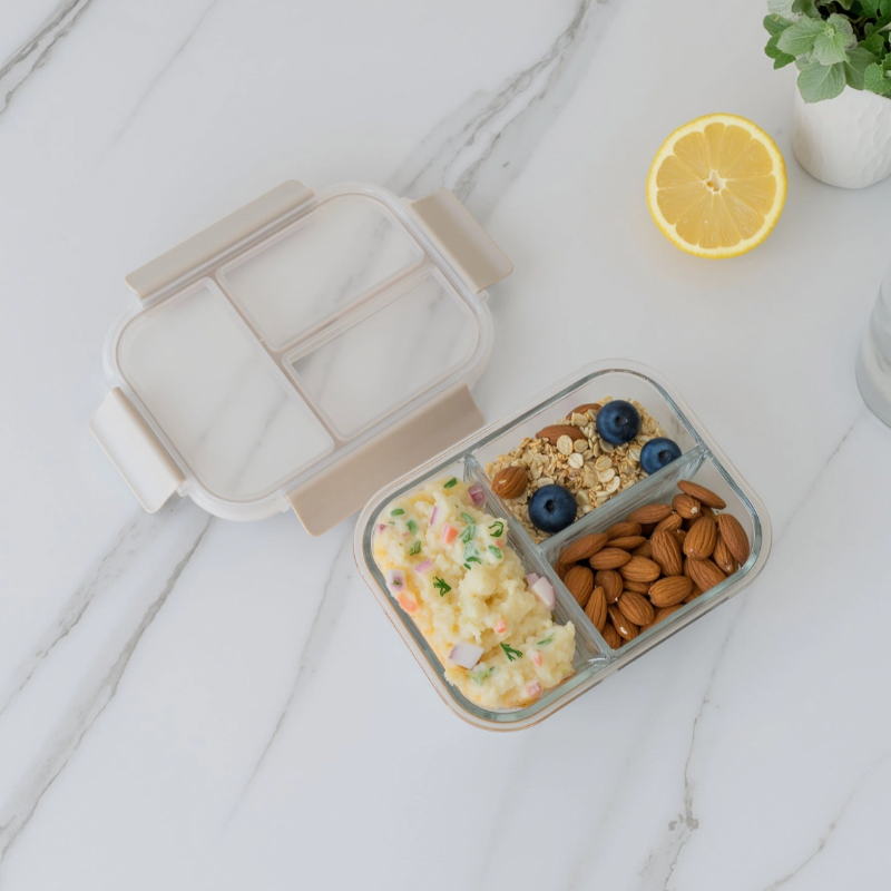 Glass lunch box with compartments filled with food on a marble surface