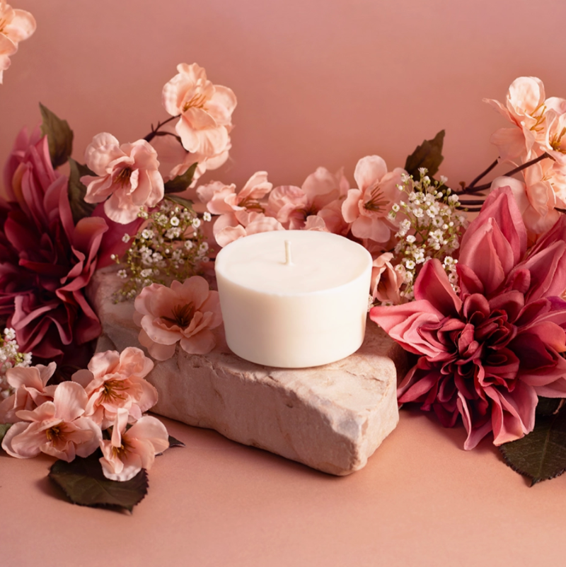 The Arbor Made Candle Refill in the scent Petals Abloom. The candle refill is unpackaged in the center surrounded by pink florals on a pink background. 
