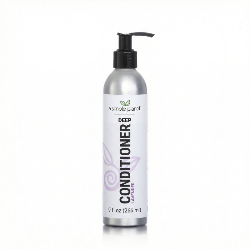 A 9 fl oz silver pump bottle of Deep Conditioner by a simple planet, featuring a white label with black and purple text, on a white background.