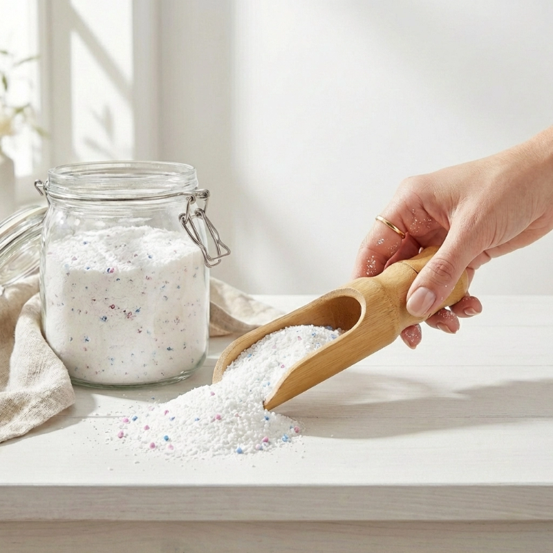 A hand holding the Bamboo Scoop and scooping white speckled powder out of a glass jar on a white counter top. 