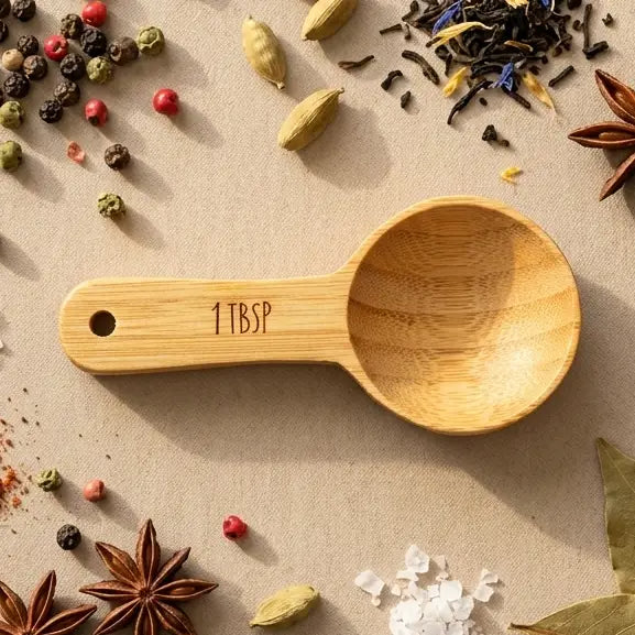 Bamboo measuring spoon labeled '1 TBSP' surrounded by various spices on a beige surface