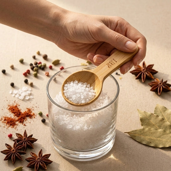 Hand holding a bamboo measuring spoon over a glass of salt with spices and herbs on a beige surface