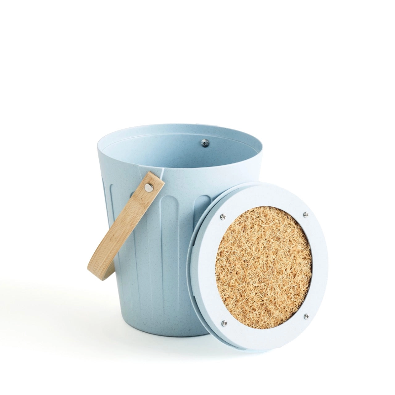 Light blue compost bin with its lid of and to the side showing the hemp filter in the lid. 