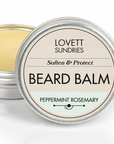 Beard balm container with 'Lovett Sundries' branding on a white background