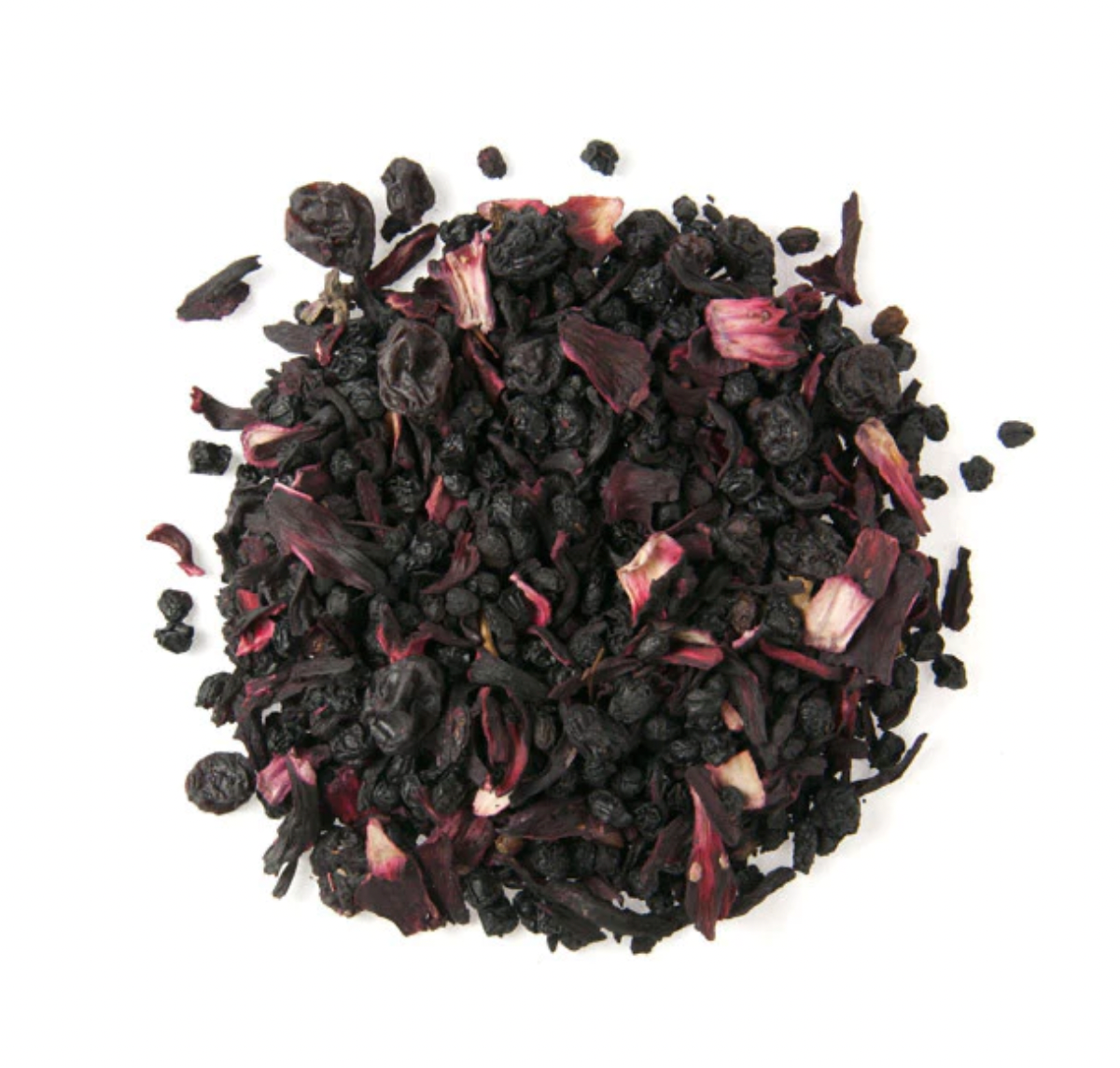 A close up on loose berry berry tea on a white background.
