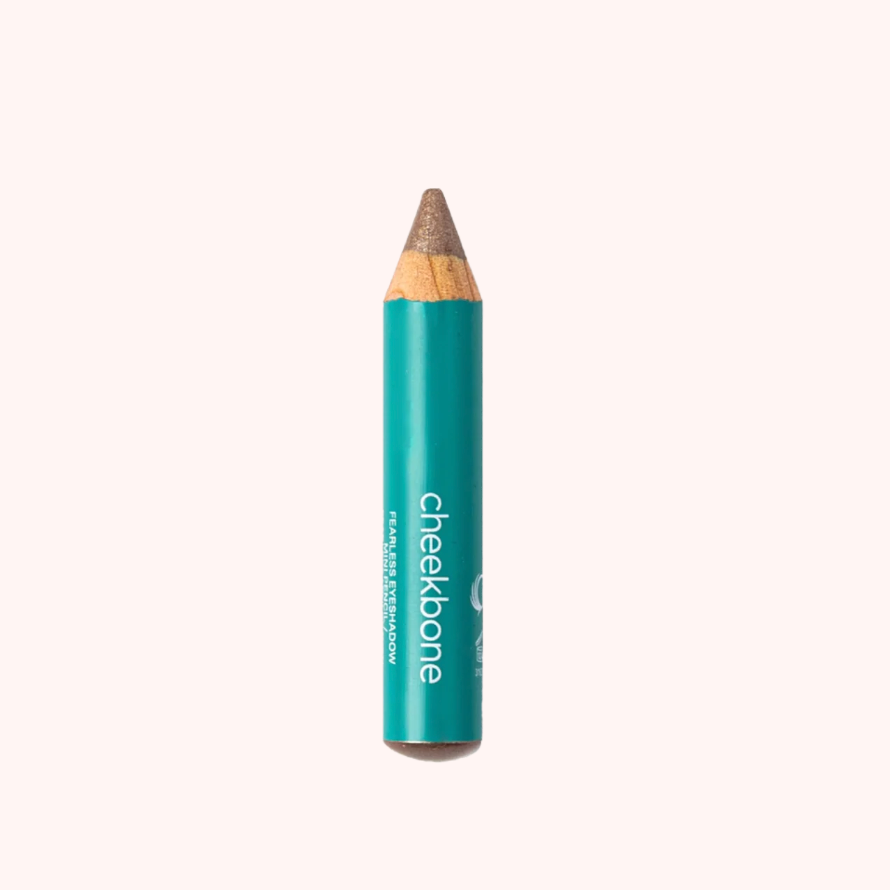 The  Cheekbone Beauty vegan mini eyeshadow pencil, It has teal body with "Cheekbone" on it.  This is the shade brown topaz, a brown taupe with light shimmer. 