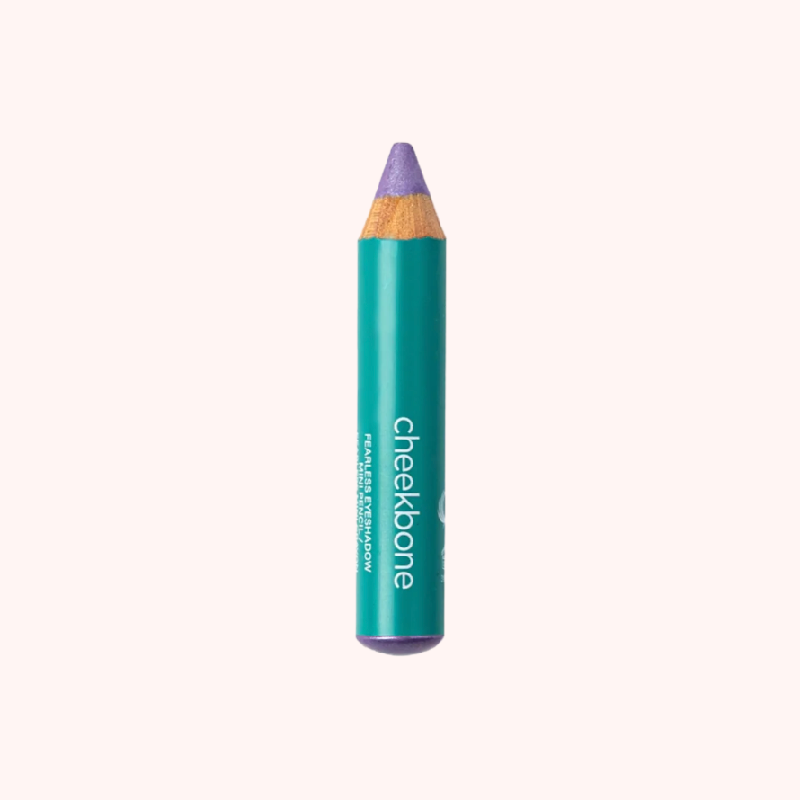 The  Cheekbone Beauty vegan mini eyeshadow pencil, It has teal body with "Cheekbone" on it.  This is the shade lavender rock,  a vibrant purple with light shimmer. 