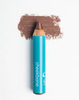A close up on the Cheekbone Beauty vegan mini eyeshadow pencil and a swatch behind the pencil tip. This is the shade smoky quartz, a rich brown with a light shimmer. 