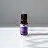 A small brown bottle of Mountain Rose Herbs Citronella Essential Oil with a black cap rests on a white surface, casting a shadow. The label features purple and white colors.