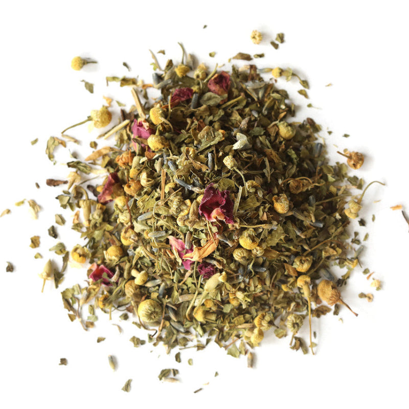 A small pile of evening repose loose leaf tea. 