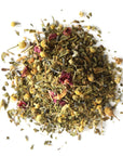 A small pile of evening repose loose leaf tea. 