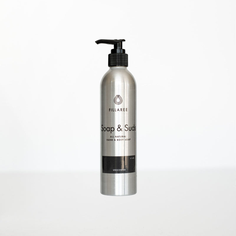 Silver bottle with pump labeled 'FILLAREE Soap & Suds' on a white background