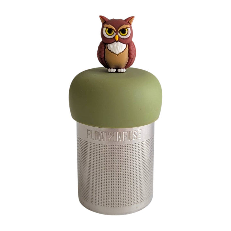 A Stainless steel and silicone floating tea infuser. The top silicone part is green with a cute brown owl charm on top of it.
