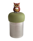 A Stainless steel and silicone floating tea infuser. The top silicone part is green with a cute brown owl charm on top of it.