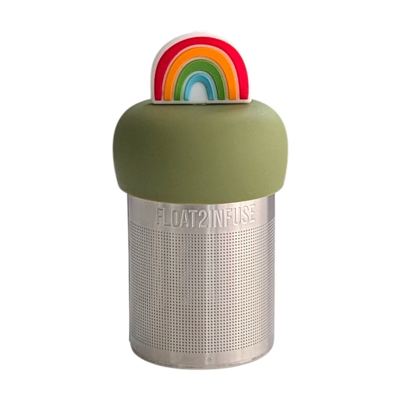 A Stainless steel and silicone floating tea infuser. The top silicone part is green with a cute rainbow charm on top of it.
