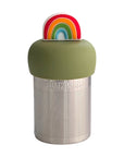 A Stainless steel and silicone floating tea infuser. The top silicone part is green with a cute rainbow charm on top of it.