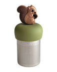 A Stainless steel and silicone floating tea infuser. The top silicone part is green with a cute brown squirrel charm on top of it.