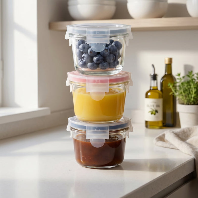 Three borosilicate glass containers in light blue, red, and dark blue stacked on top of each other sitting on a kitchen counter. One holds blueberries, one holds applesauce, and one holds barbecue sauce. 