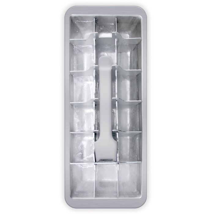 A rectangular metal ice mold tray with multiple compartments and a central handle, shown on a plain white background.