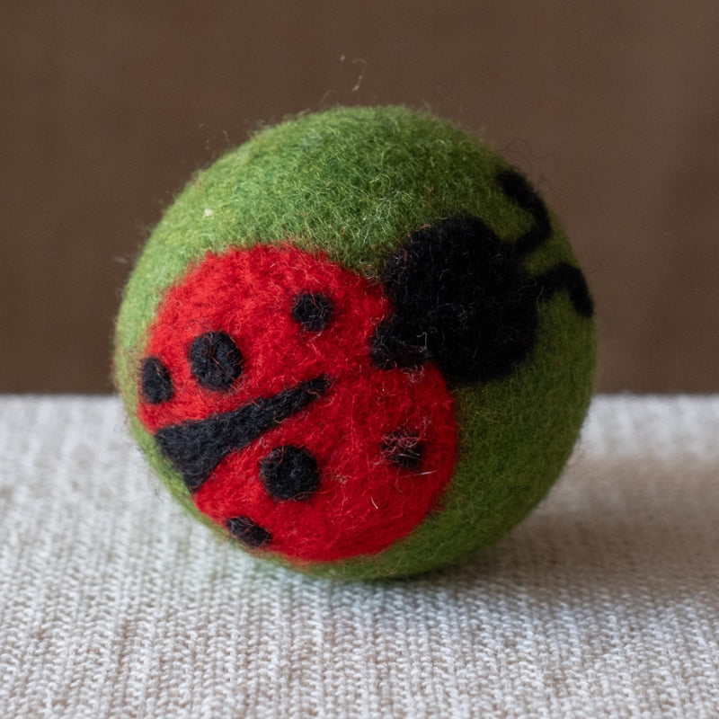A green felted wool dryer ball featuring a red lady bug design, resting on a textured beige fabric surface against a brown background.