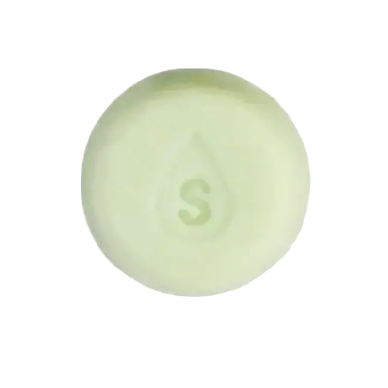 Light green spherical shampoo bar with a letter 'S' on a white background