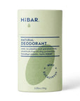 A green paper deodorant tube with a green oval hibar branding on it in the Eucalyptus and mint scent. 