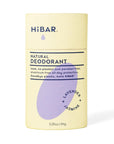 A yellow paper deodorant tube with a purple oval hibar branding on it in the lavender and jasmine scent. 